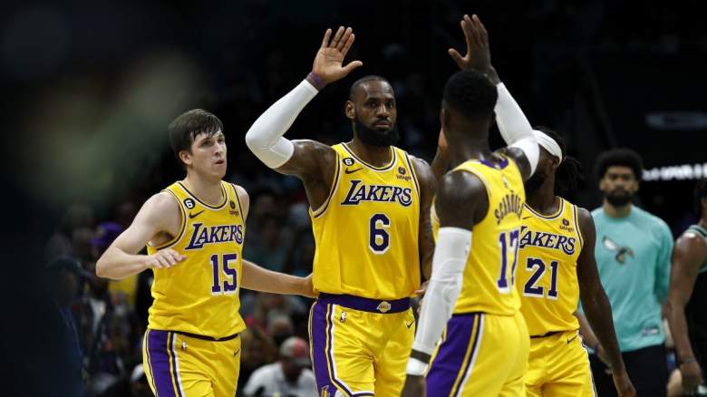 Lakers players Austin Reaves, LeBron James, Dennis Schroder and Patrick Beverley on January 2, 2023