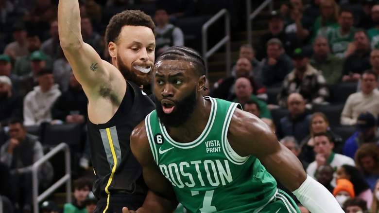 Stephen Curry of the Golden State Warriors and Jaylen Brown of the Boston Celtics.