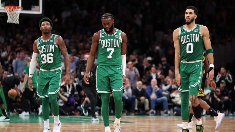 Marcus Smart, Jaylen Brown, and Jayson Tatum of the Boston Celtics.