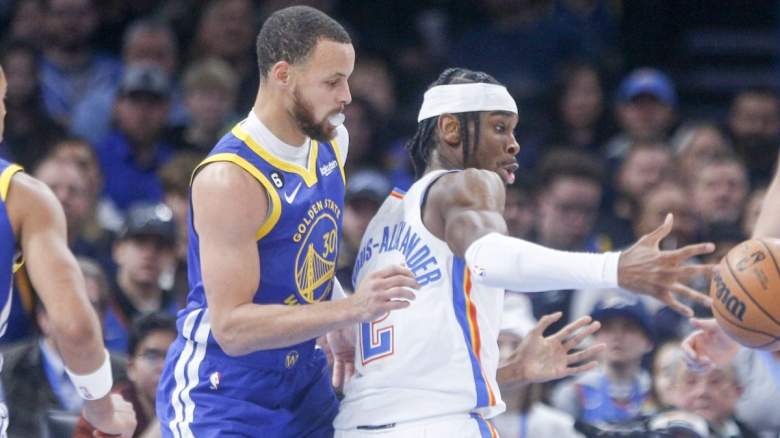 Stephen Curry of the Golden State Warriors and Shai Gilgeous-Alexander of the Oklahoma City Thunder.