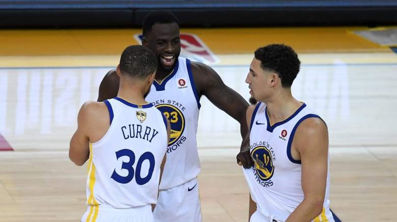 Stephen Curry, Draymond Green, and Klay Thompson of the Golden State Warriors.