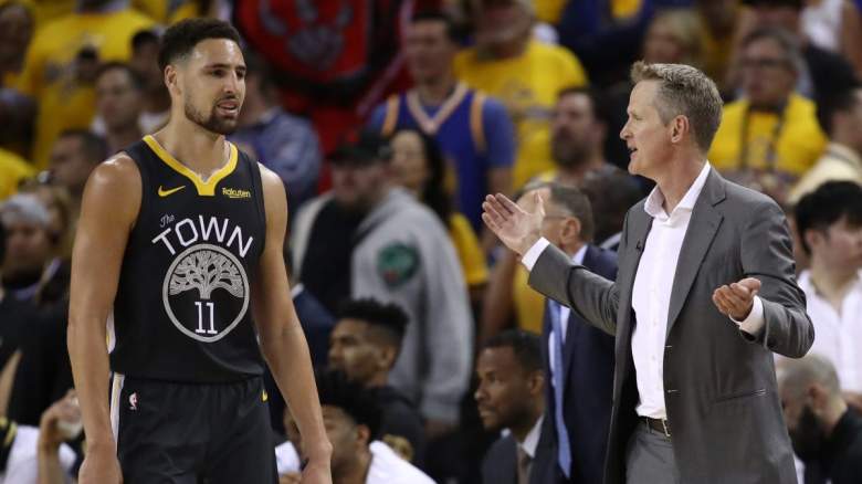 Klay Thompson and Steve Kerr of the Golden State Warriors.
