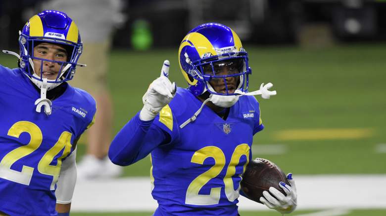 Los Angeles Rams cornerback Jalen Ramsey (20) warms up before the