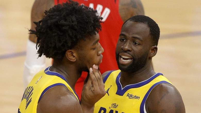 Draymond Green and James Wiseman of the Golden State Warriors.