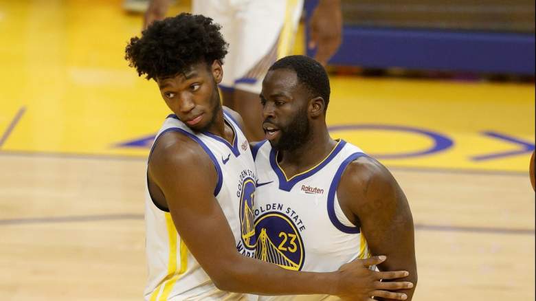 James Wiseman and Draymond Green of the Golden State Warriors.