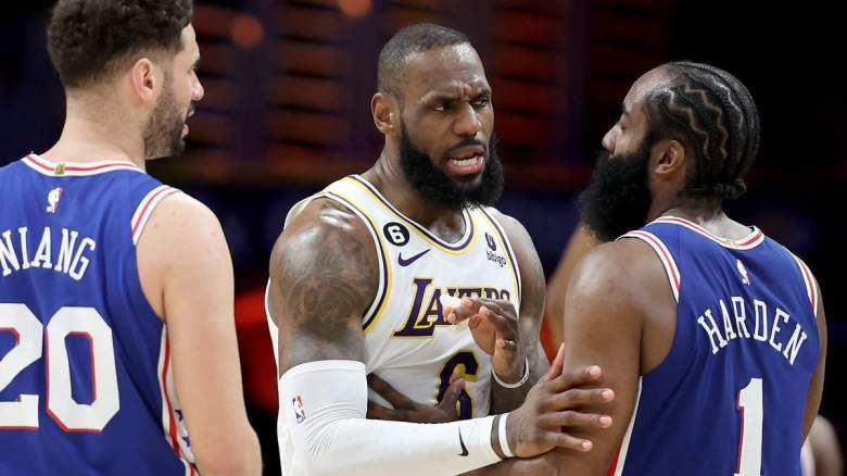 LeBron James of the Los Angeles Lakers and Georges Niang and James Harden of the Philadelphia 76ers.