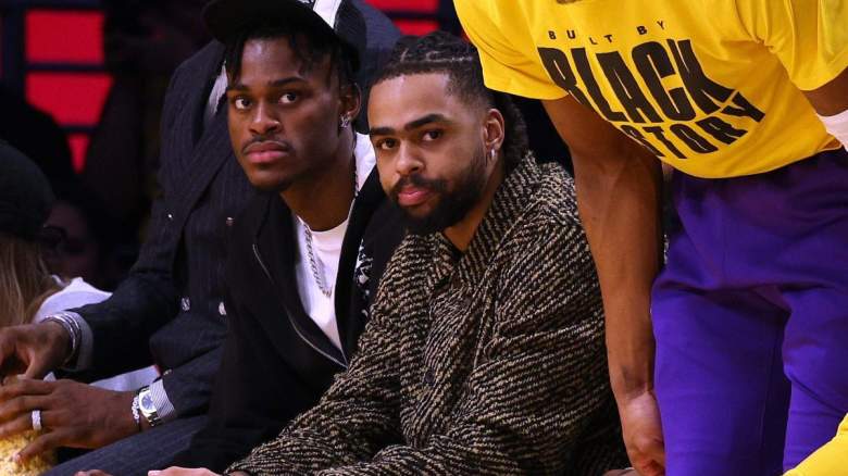 Jarred Vanderbilt and D'Angelo Russell of the Los Angeles Lakers.
