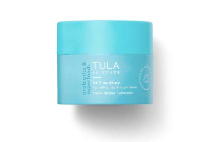 bright blue jar of TULA Probiotic Skin Care 24-7 Moisture Hydrating Day and Night Cream