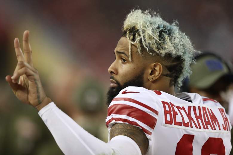 Odell Beckham Jr. (13) flashes a peace sign as a member of the New York Giants
