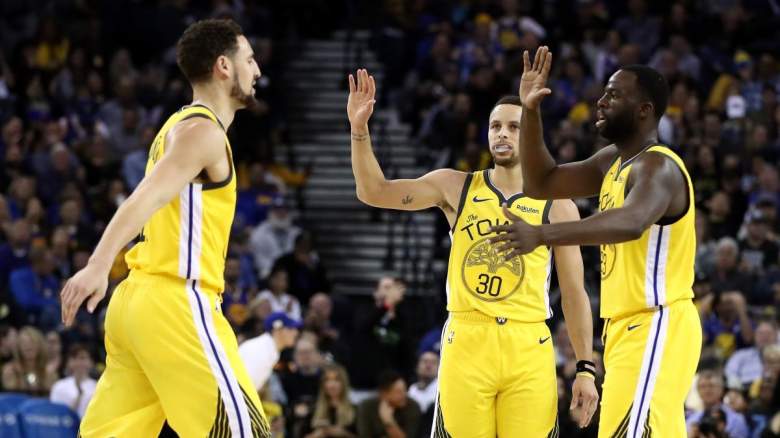 Klay Thompson, Stephen Curry, and Draymond Green of the Golden State Warriors.