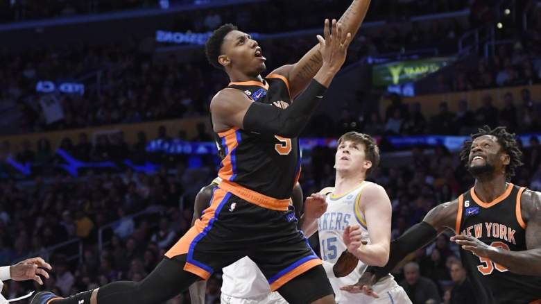 RJ Barrett of the New York Knicks taking on the Los Angeles Lakers.