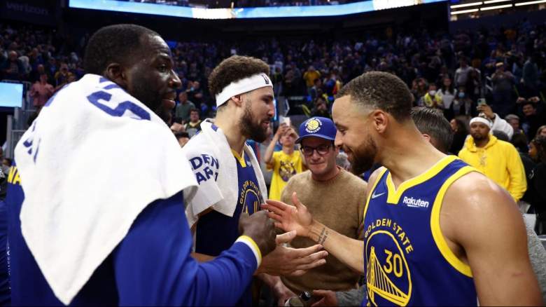 Draymond Green, Klay Thompson, and Stephen Curry of the Golden State Warriors.