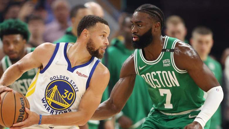 Stephen Curry of the Golden State Warriors and Jaylen Brown of the Boston Celtics.