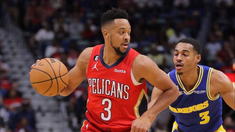 CJ McCollum of the New Orleans Pelicans and Jordan Poole of the Golden State Warriors.