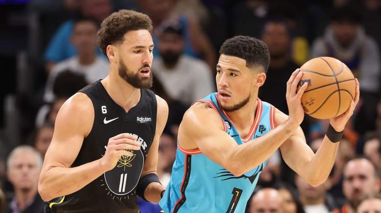 Klay Thompson of the Golden State Warriors and Devin Booker of the Phoenix Suns.