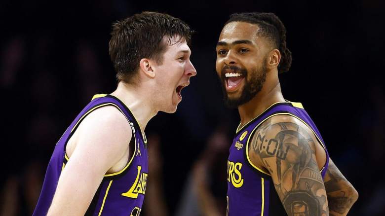 Austin Reaves and D'Angelo Russell of the Los Angeles Lakers.
