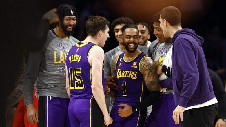 Lakers guard D'Angelo Russell celebrates with his teammates