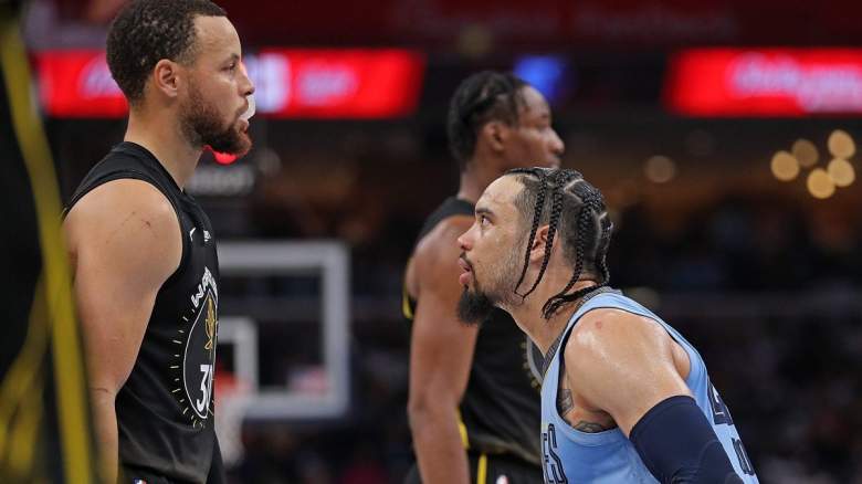 Memphis Grizzlies guard Dillon Brooks stares down Stephen Curry of the Golden State Warriors.