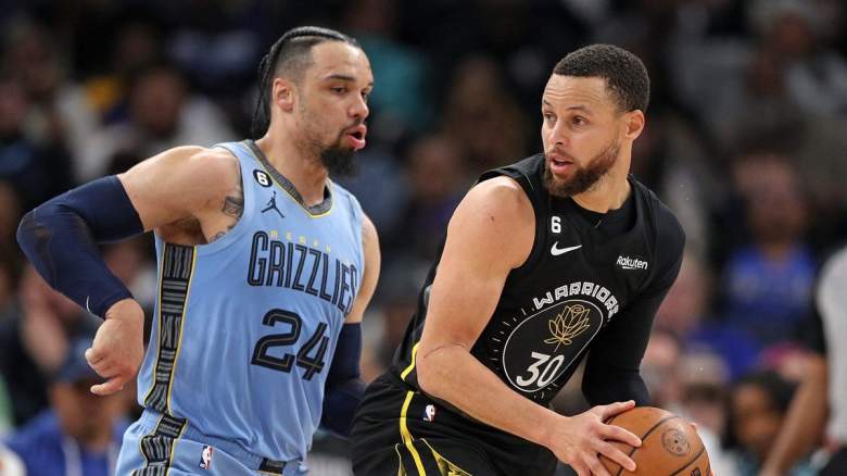 Dillon Brooks of the Memphis Grizzlies and Stephen Curry of the Golden State Warriors.