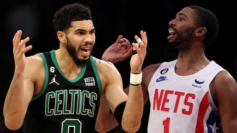 Jayson Tatum of the Boston Celtics and Mikal Bridges of the Brooklyn Nets.