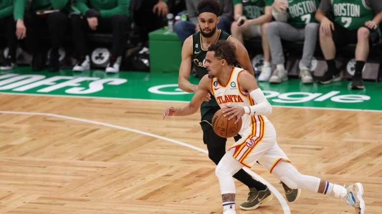 Trae Young playing against the Boston Celtics