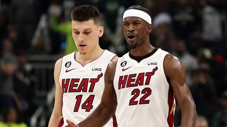 Jimmy Butler and Tyler Herro of the Miami Heat confer against the News  Photo - Getty Images