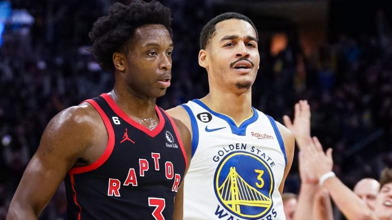 OG Anunoby of the Toronto Raptors and Jordan Poole of the Golden State Warriors.