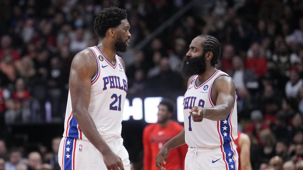 Joel Embiid and James Harden of the Philadelphia 76ers embrace Tyrese  News Photo - Getty Images