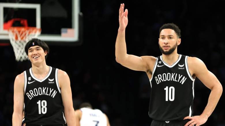 Yuta Wantanabe and Ben Simmons of the Brooklyn Nets.