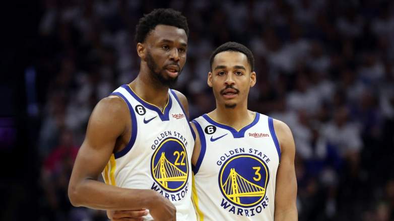 Andrew Wiggins and Jordan Poole of the Golden State Warriors.