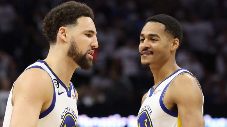 Jordan Poole and Klay Thompson of the Golden State Warriors.