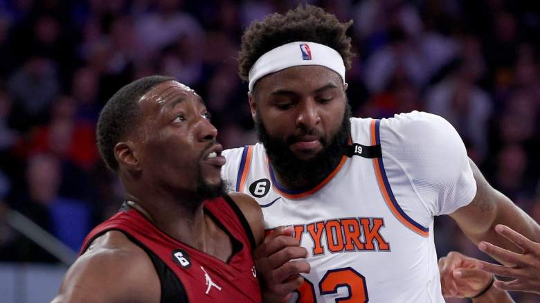 Miami Heat star Bam Adebayo and Mitchell Robinson of the New York Knicks.