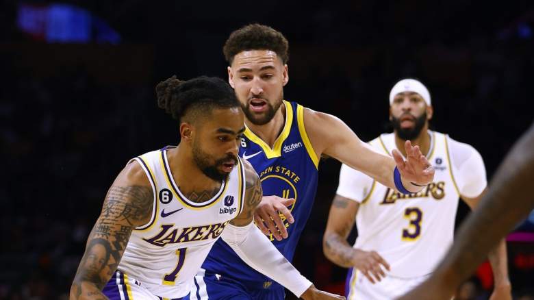 Warriors' Klay Thompson guards Lakers' D'Angelo Russell