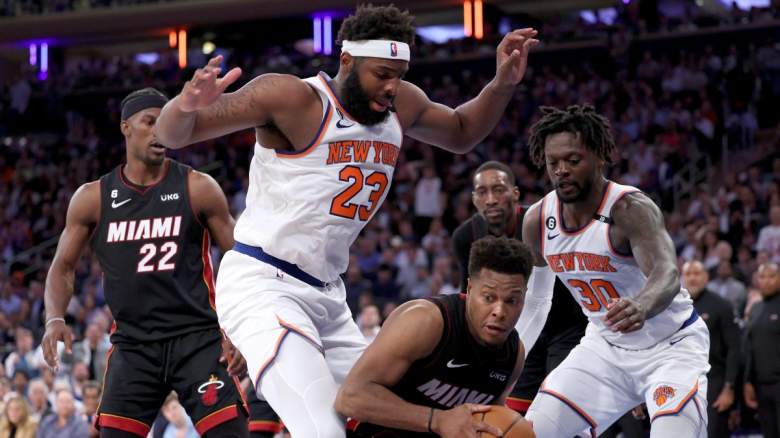 New York Knicks center Mitchell Robinson (23) rebounds against
