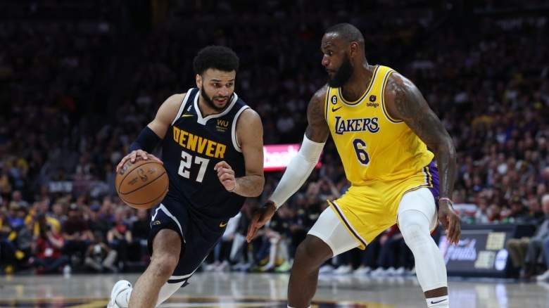 Lakers' LeBron James guards Nuggets' Jamal Murray