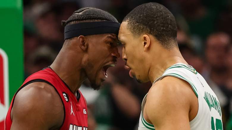 Jimmy Butler (left) of the Heat and Grant Williams of the Celtics during the NBA Eastern Conference finals.