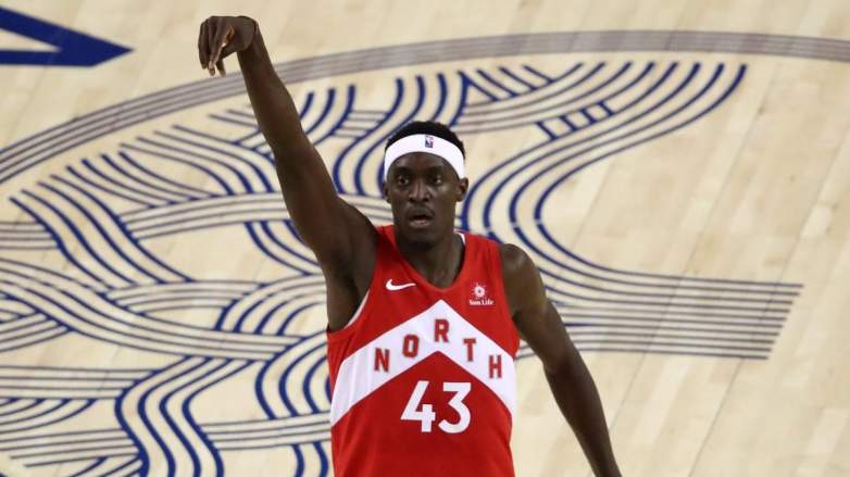 Pascal Siakam of the Toronto Raptors, holds follow-through against the Golden State Warriors.
