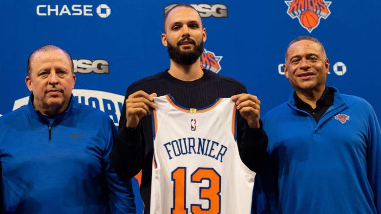 Knicks coach Tom Thibodeau with former player Evan Fournier
