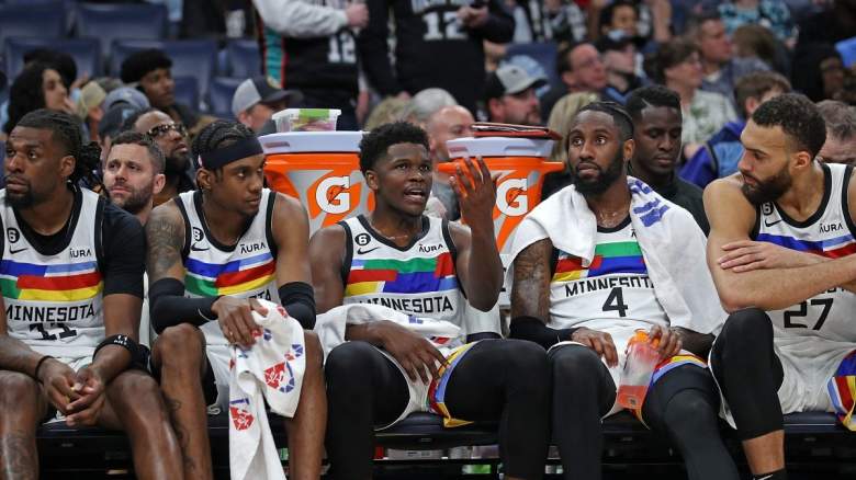 Anthony Edwards #1 of the Minnesota Timberwolves sits on the bench during the second half against the Memphis Grizzlies