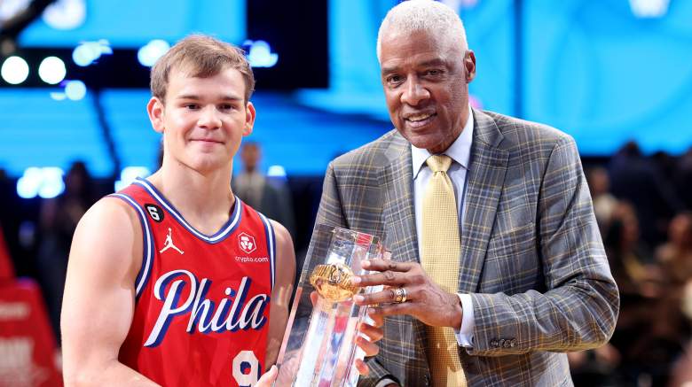 Mac McClung (left) accepting the NBA's Slam-Dunk Content trophy from Sixers legend Julius Erving.