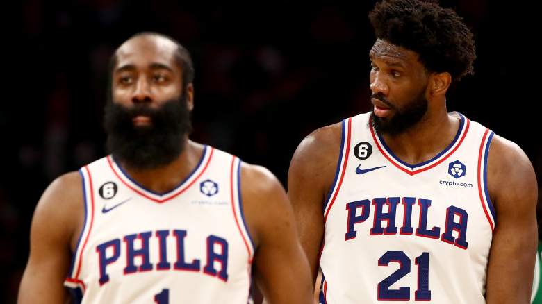 Joel Embiid (right) of the Sixers is waiting for a possible James Harden (left) trade.