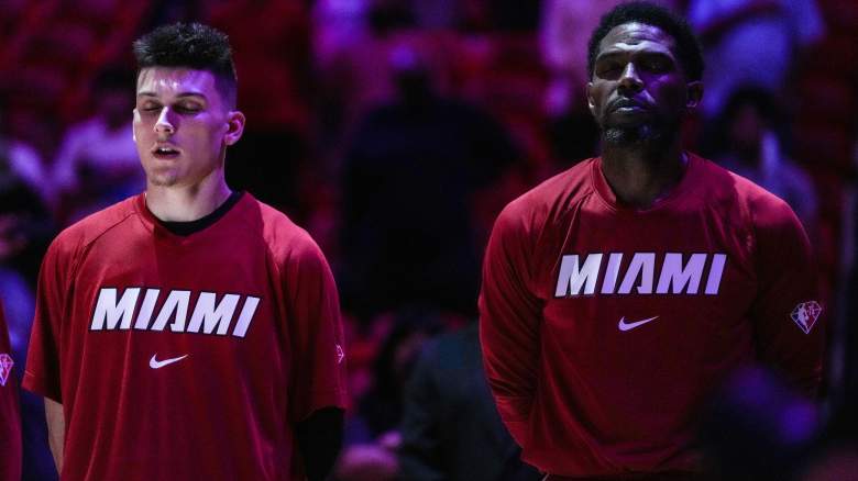 Tyler Herro (left) and Udonis Haslem of the Miami Heat.