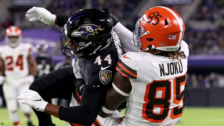 David Njoku of the Cleveland Browns misses a pass defended by Marlon Humphrey of the Baltimore Ravens.