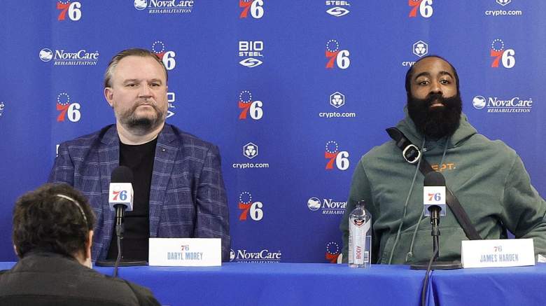 James Harden (right) and Daryl Morey of the Sixers