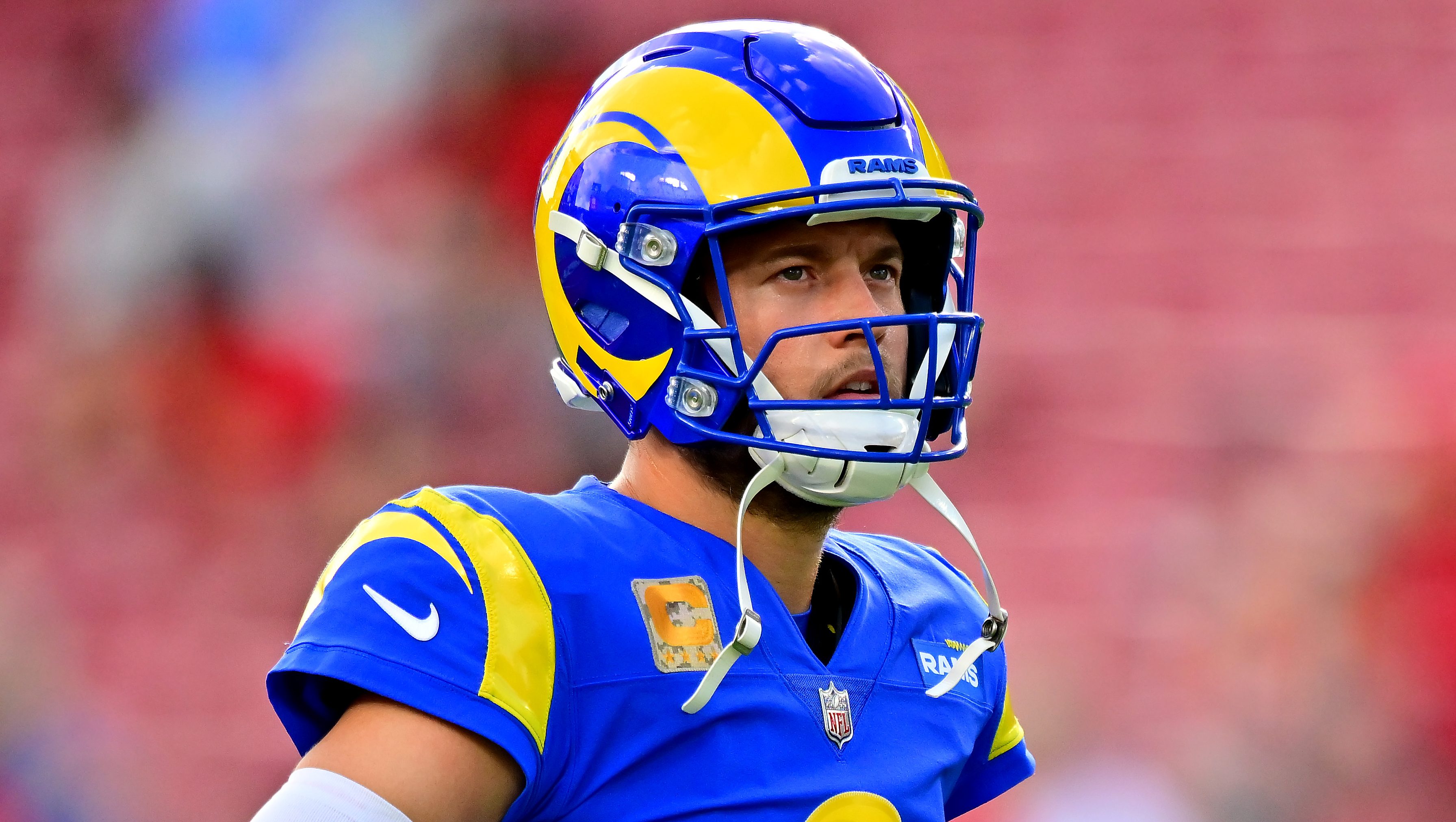 Los Angeles Rams quarterback Matthew Stafford unloads a 45-yard deep ball  to Rams wide receiver Tutu Atwell