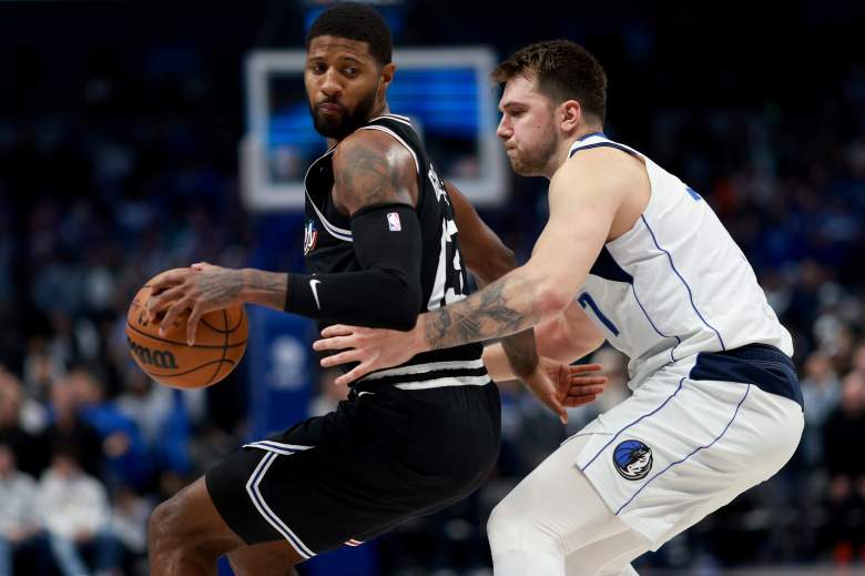 Dallas Mavericks superstar Luka Doncic guards Los Angeles Clippers star Paul George