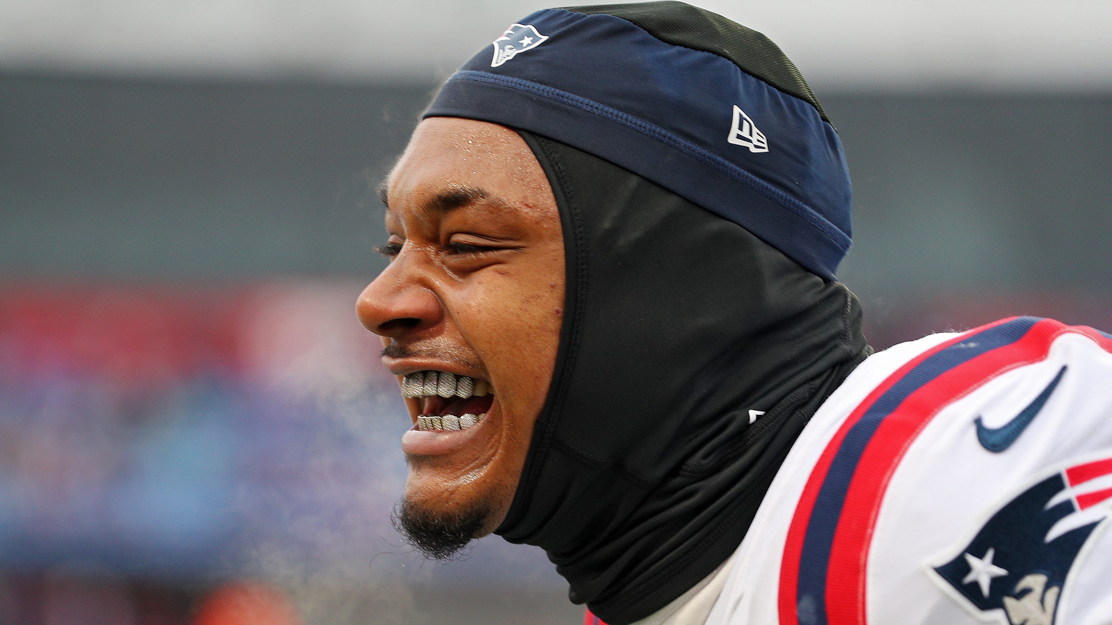 New England Patriots defensive end DaMarcus Mitchell warms up