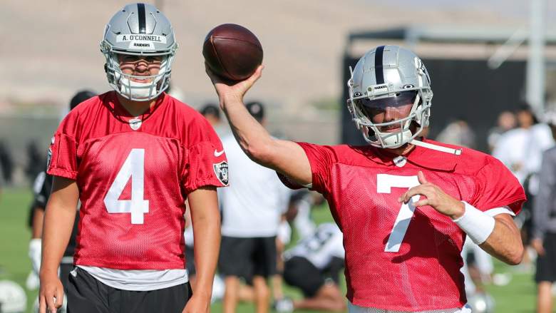 Aidan O'Connell (left) and Brian Hoyer of the Raiders