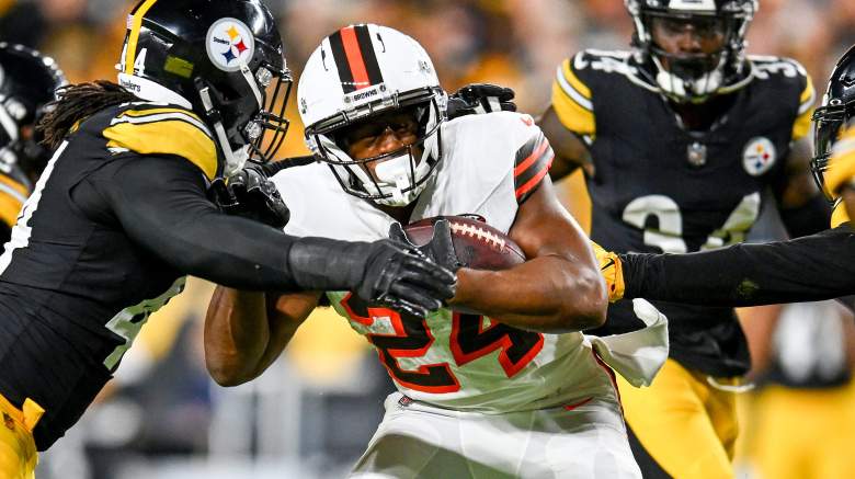Nick Chubb of the Cleveland Browns against the Pittsburgh Steelers. Chubb went down with a knee injury and was carted off the field during the game.