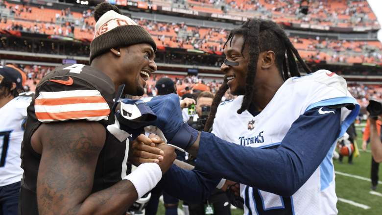 Deshaun Watson of the Cleveland Browns and DeAndre Hopkins of the Tennessee Titans embrace. The Browns beat the Titans 27-3.